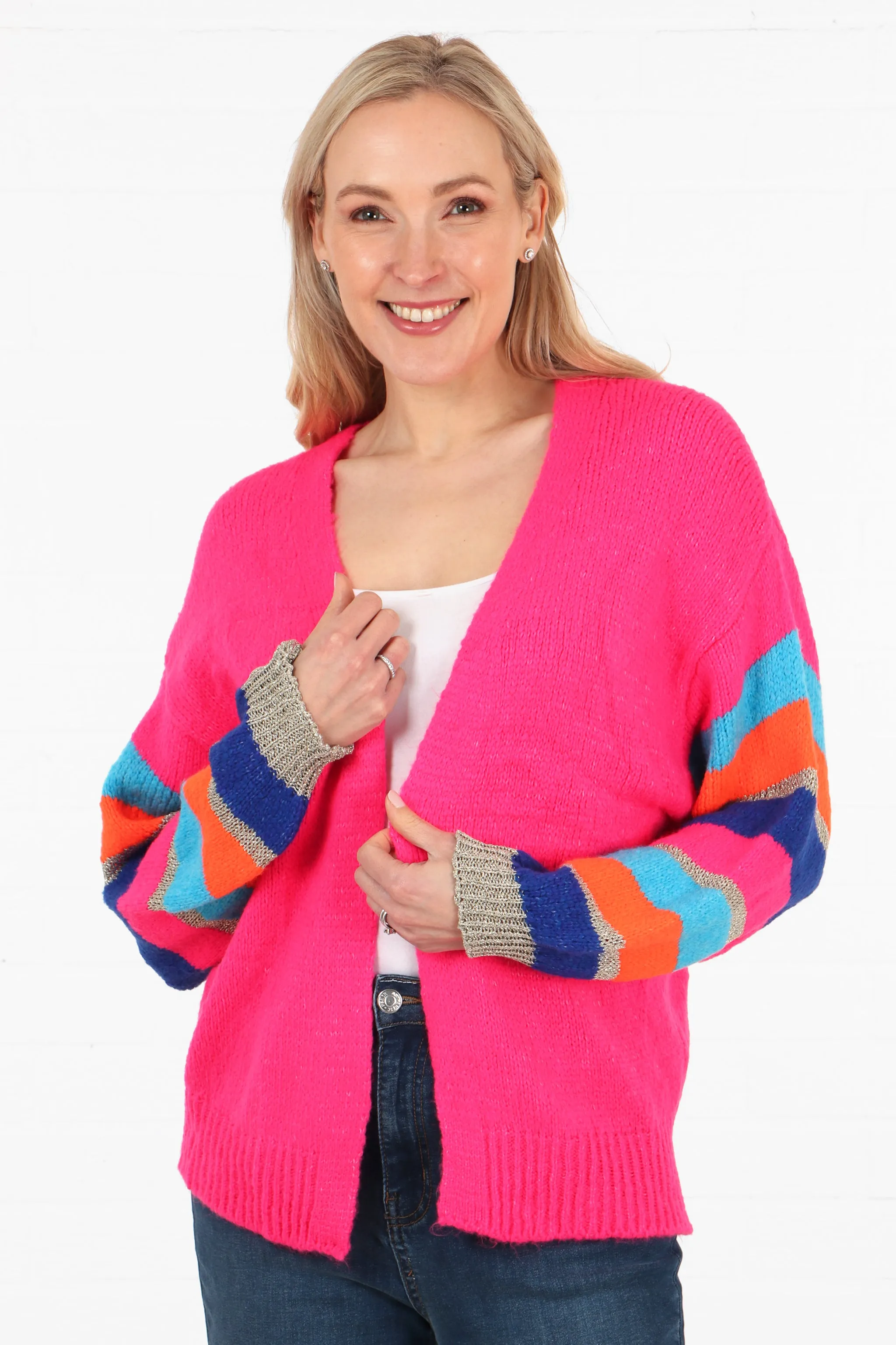 Open Front Wool Blend Balloon Sleeve Cardigan in  Fuchsia Pink