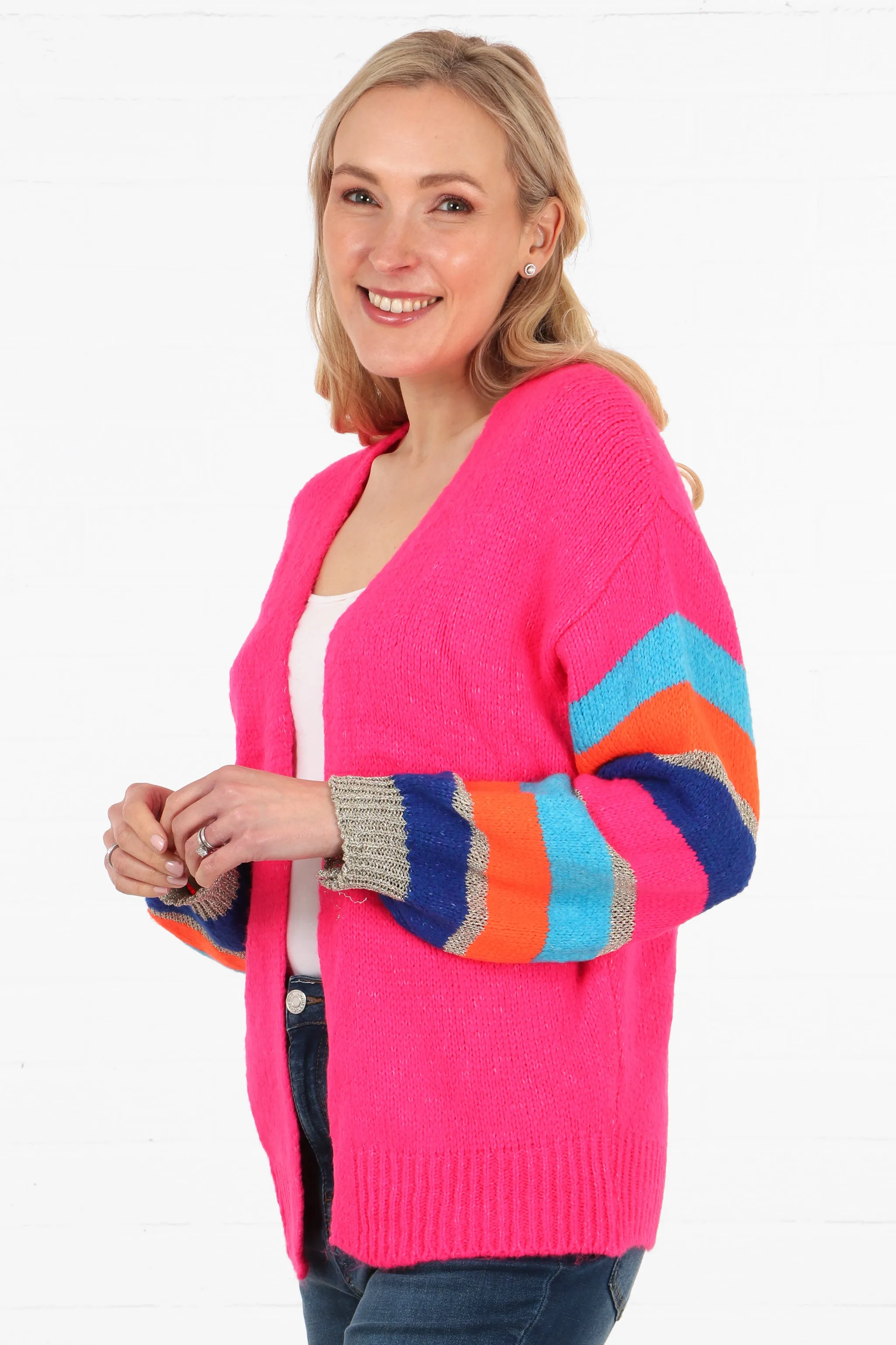 Open Front Wool Blend Balloon Sleeve Cardigan in  Fuchsia Pink