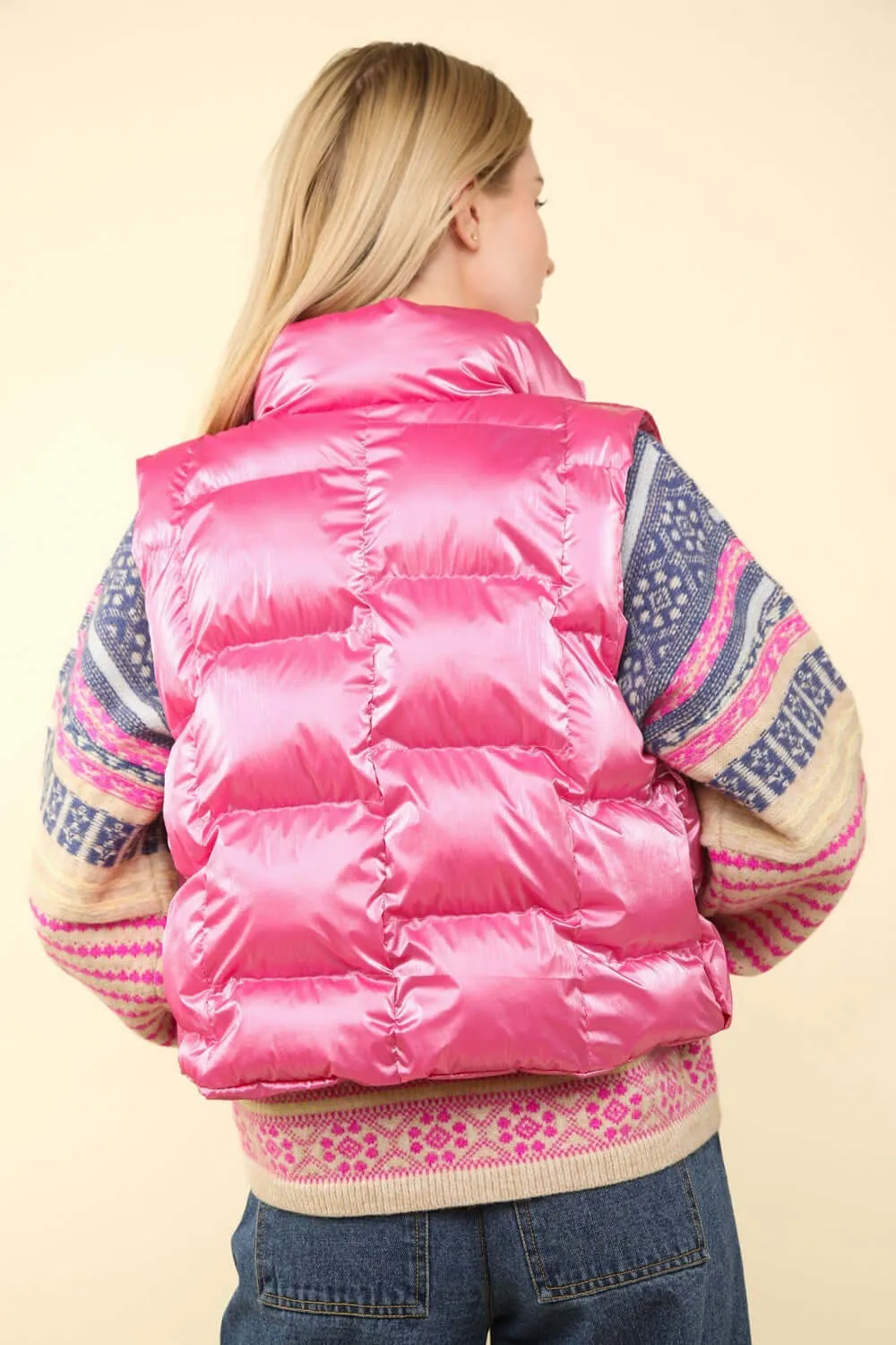 Pink Shiny Metallic Zip Up Puffer Vest