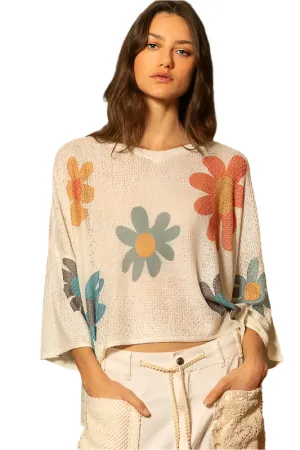 POL Flower Dropped Shoulder Long Sleeve Knit Top