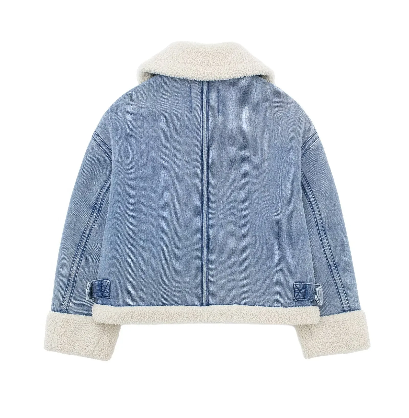 Shearling Trim Zip Up Denim Jacket