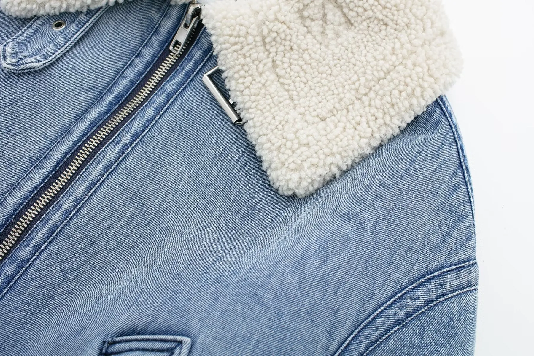 Shearling Trim Zip Up Denim Jacket