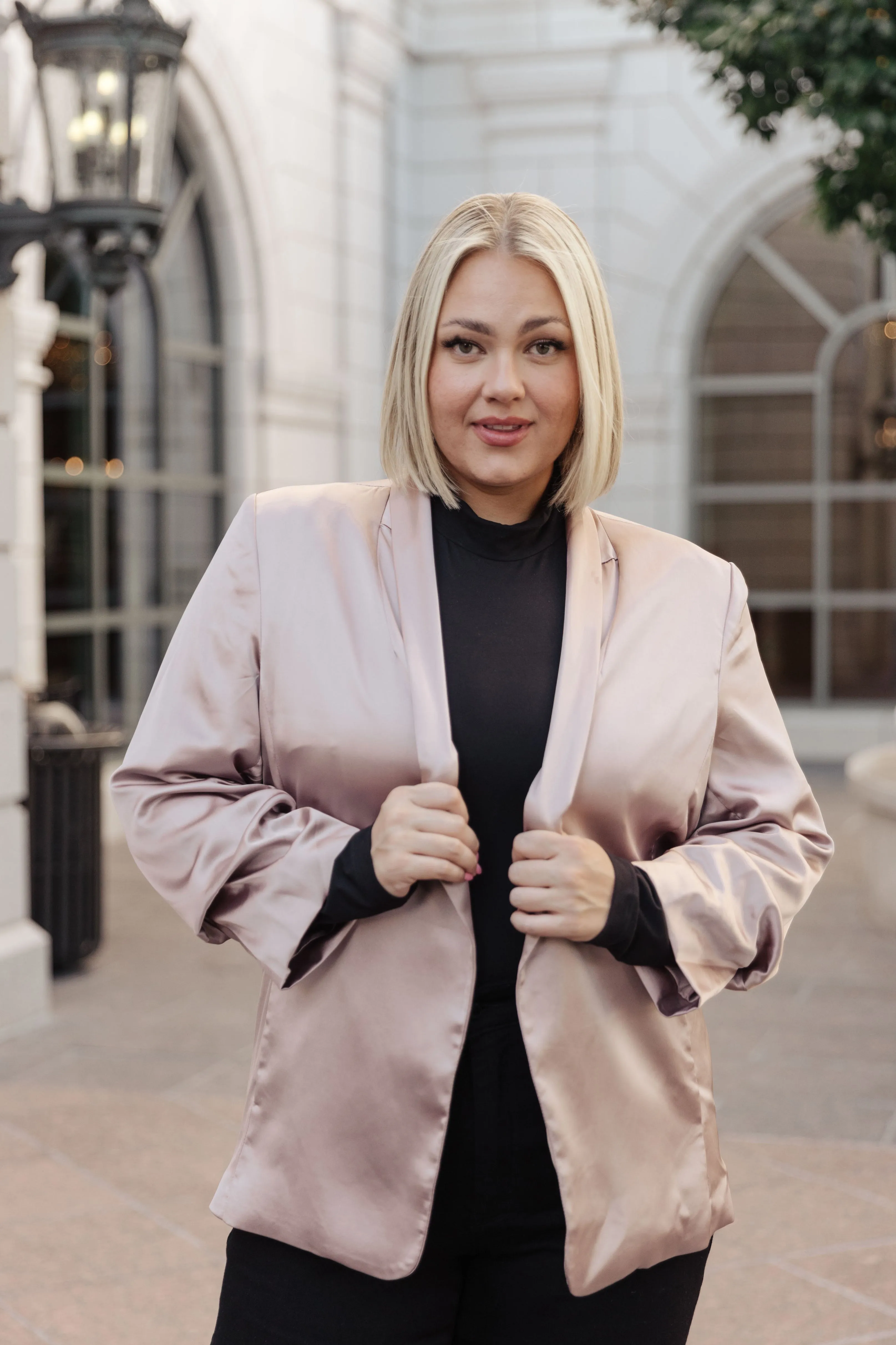 SP24- EE:SOME- Champagne and Roses Satin Blazer (Reg & Curvy)