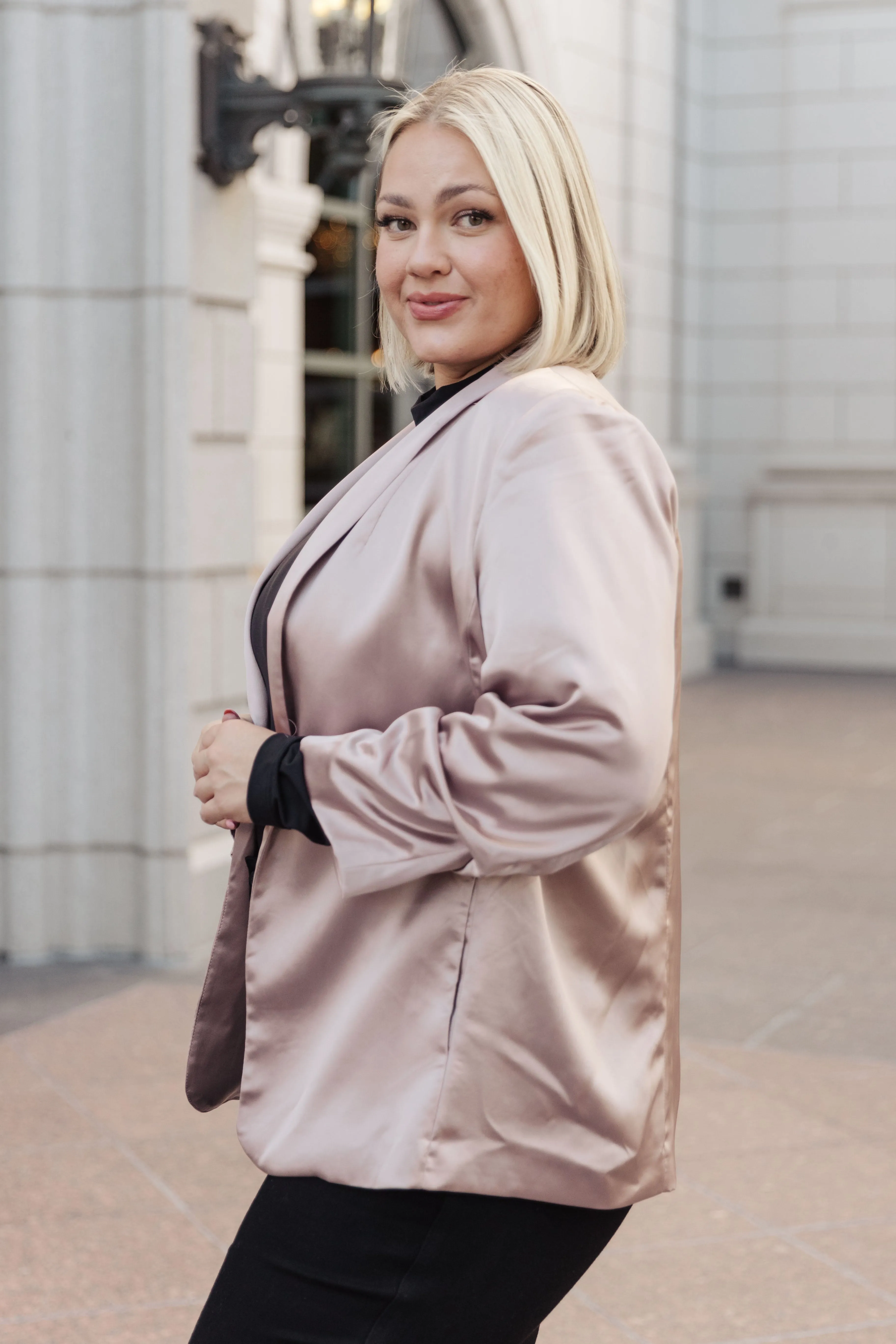 SP24- EE:SOME- Champagne and Roses Satin Blazer (Reg & Curvy)