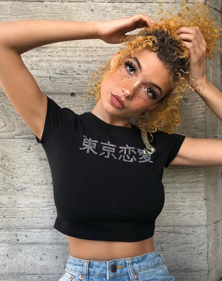 Tiney Crop Top Tee in Black with Diamante Hotfix