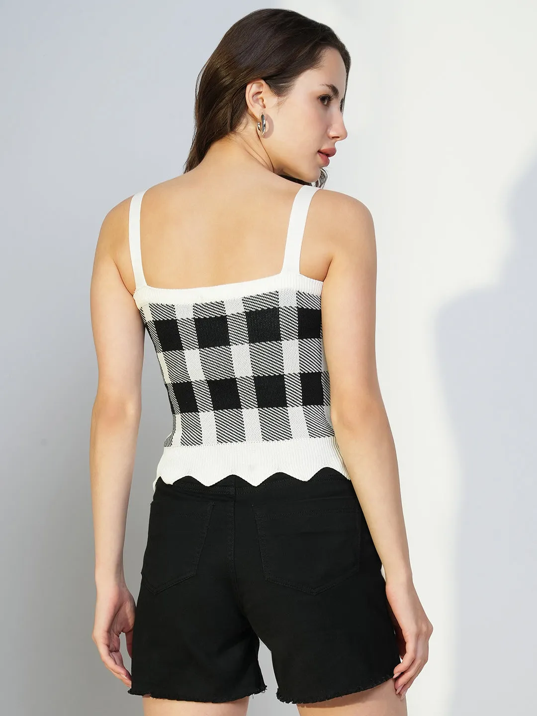 Women Black Checked Crop Top