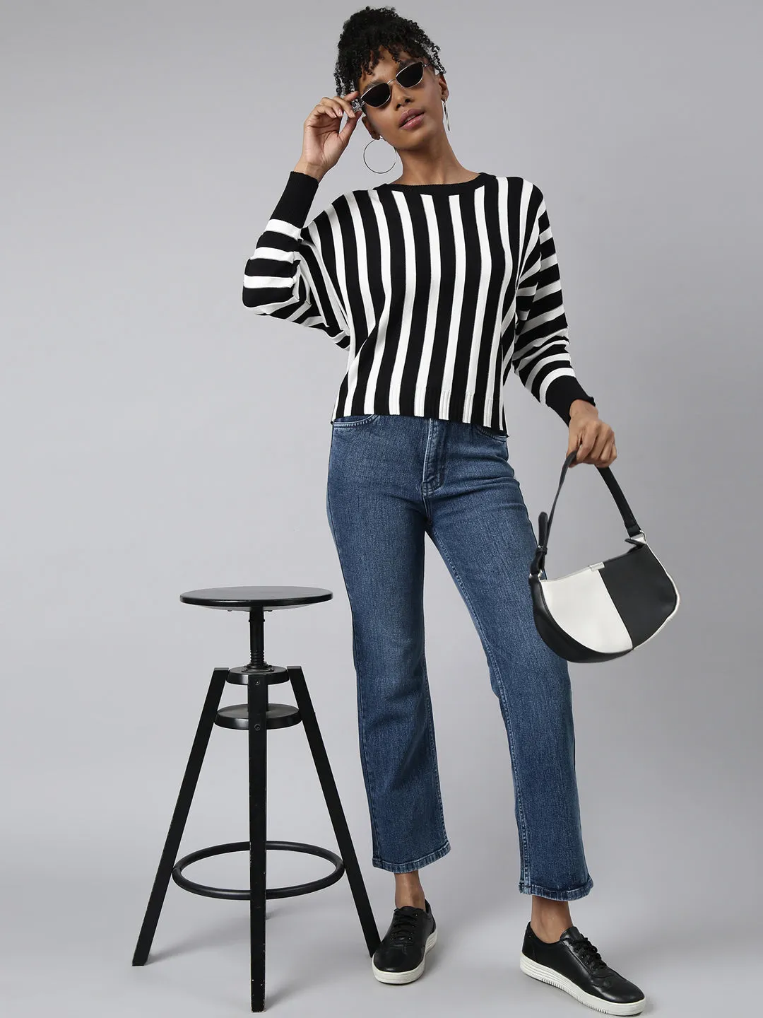 Women Black Vertical Stripes Top