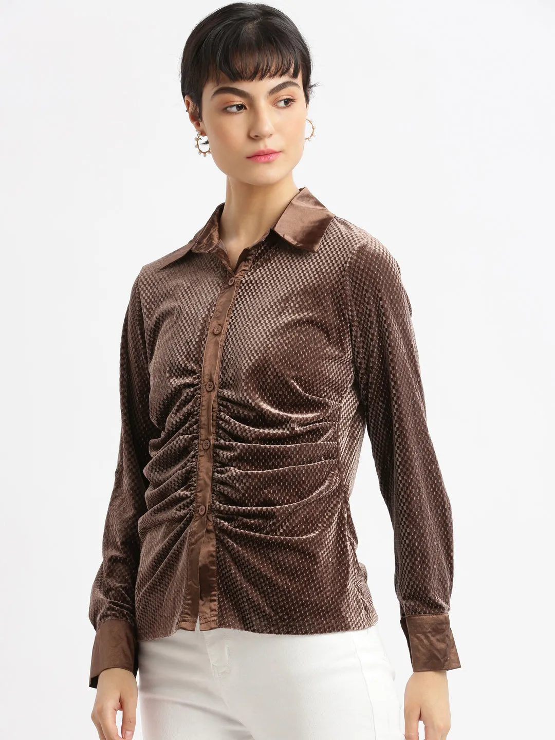 Women Geometric Brown Slim Fit Shirt