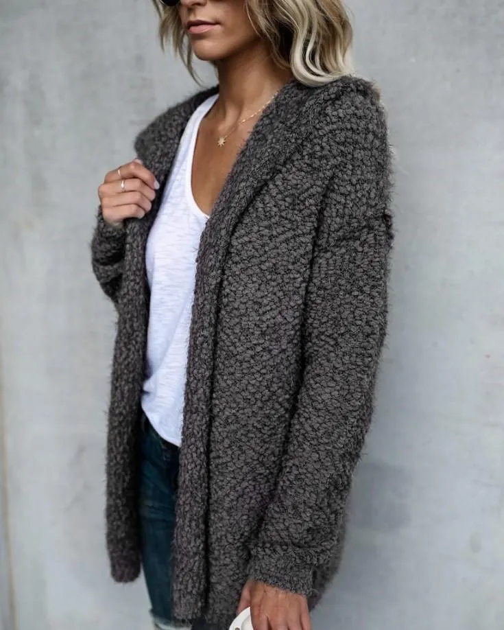 Women's hooded popcorn cardigan with pockets