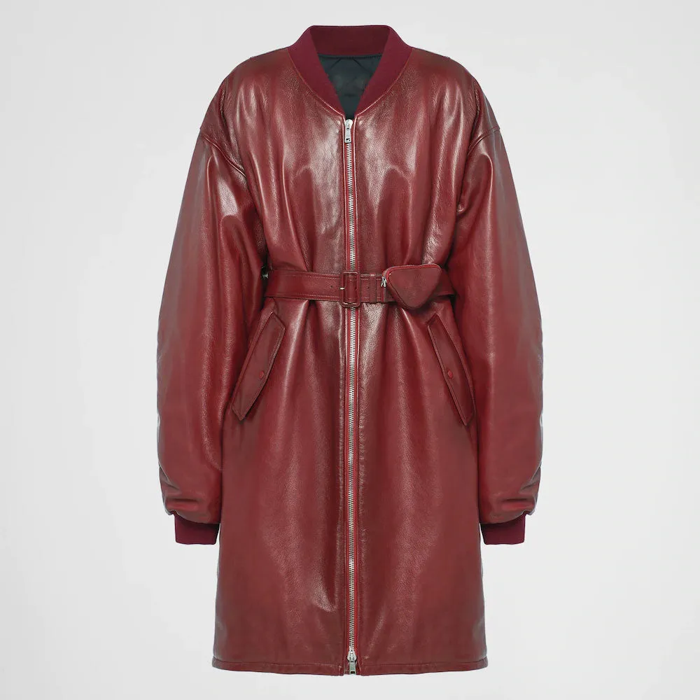 Women's Red Oversized Sheepskin Leather Bomber Jacket