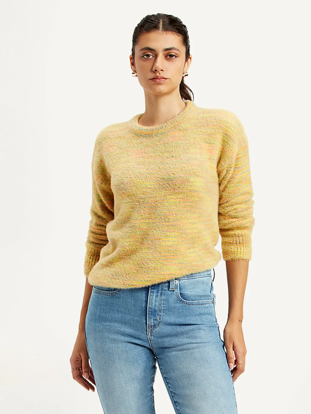 Women's Self Pattern Yellow Crew Neck Sweater