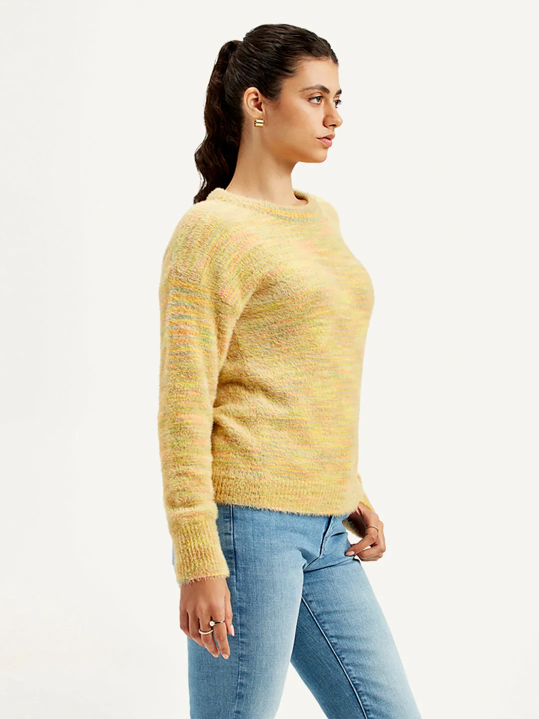 Women's Self Pattern Yellow Crew Neck Sweater