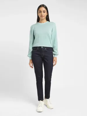 Women's Solid Blue Crew Neck Sweater