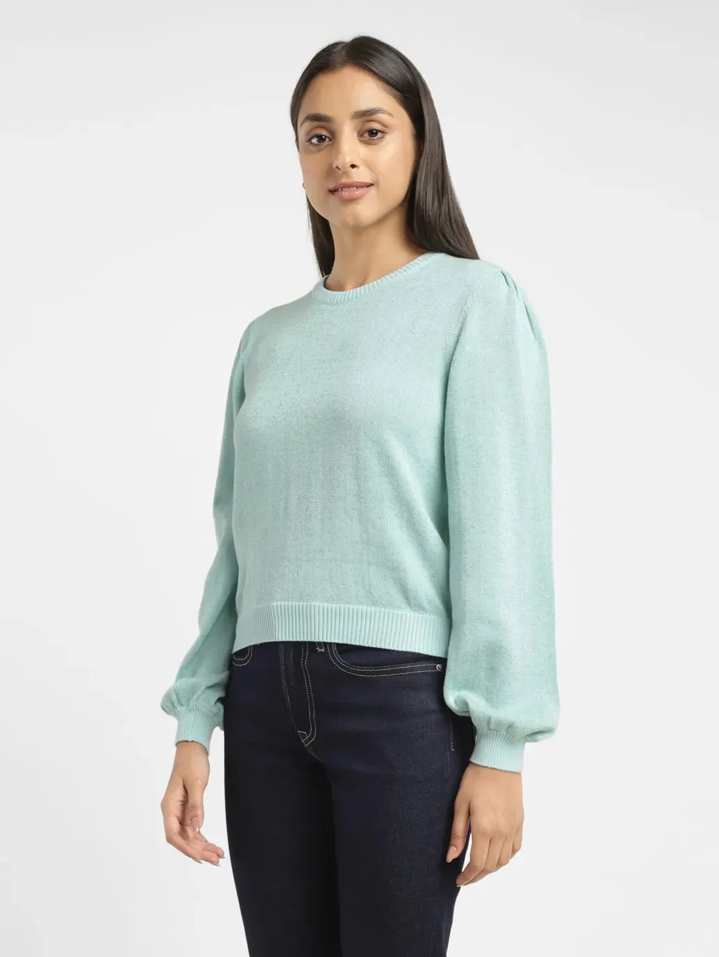 Women's Solid Blue Crew Neck Sweater